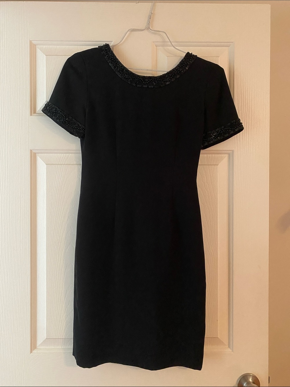 Black Beaded Trim Short-Sleeve Mini Dress